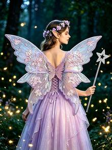 Shiny Butterfly Fairy Wings Costume Set, With Flower Crown, Elf Ears And Magic Wand. Suitable For Halloween Role-Playing And Party Events. - Multicolor - View 3