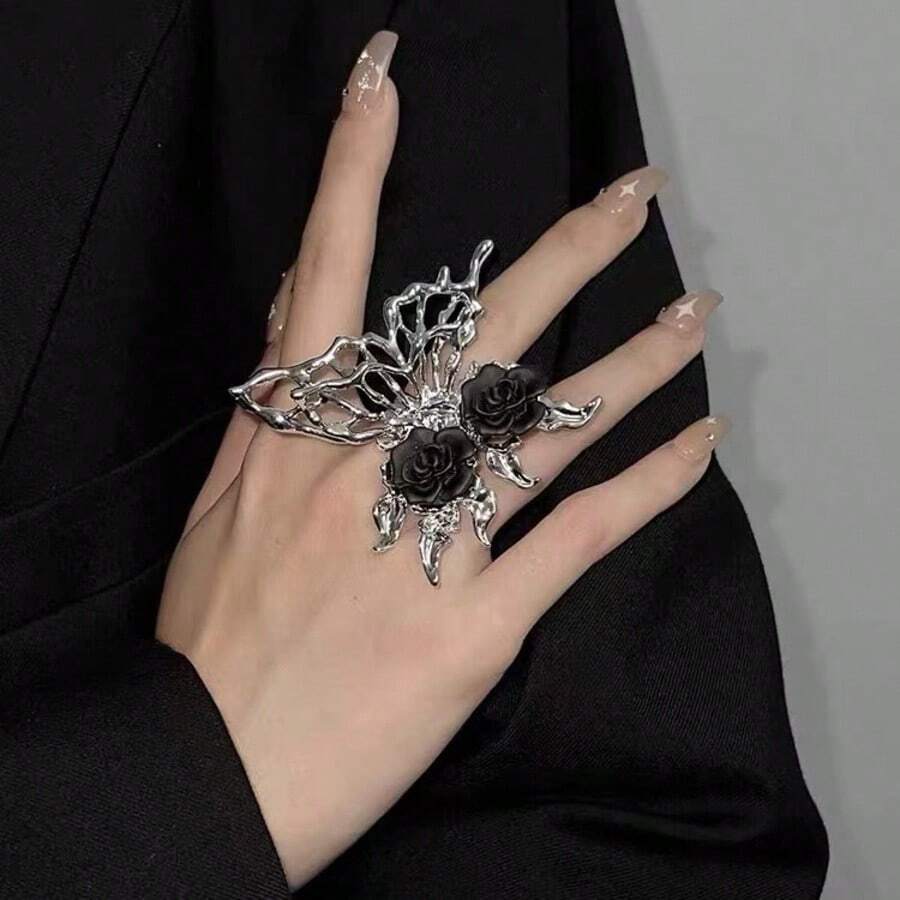 1pc Gothic Dark Style Black Rose Hollow Butterfly Ring, Suitable For Women's Daily Casual, Travel, Banquet, Music Festival, Party Events, Halloween Accessory, Holiday Gift - Silver - View 1