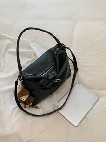1pc Women's Solid Color PU Shoulder Bag, Large Capacity Crescent Bag With Strap Pendant, Suitable For Commuting, Shopping, Vacation And Travel - Black - View 5