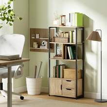 Boekenkast in industriële stijl met 3 planken, een kastdeur en 2 lades, 58 x 24 x 122 cm, natuurlijke houtlook, zwart staal - A - Bekijken 4
