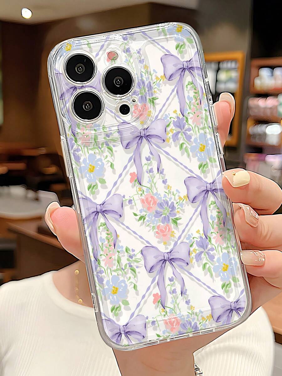 1pc French Girl Style Bowknot Floral Diamond Grid Pattern Transparent Full Coverage Anti-Slip Soft Phone Case Compatible With IPhone 11/12/13/14/15/16/17 Pro Max - Multicolor - View 1