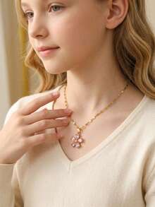 1pc Copper & Zirconia Five-Petal Flower Pendant Necklace With Stainless Steel Chain For Girls Delicate Fashion Party Clavicle Chain For Daily Life - Pink - View 4