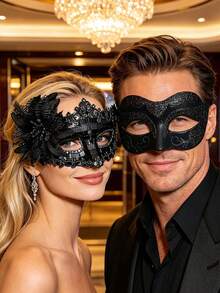 2pcs/Set Couple Masquerade Ball Mask Set, Mysterious Dance Venetian Halloween Decorative Mask With Glitter Side Flower Ball Party Halloween Props - Multicolor - View 4