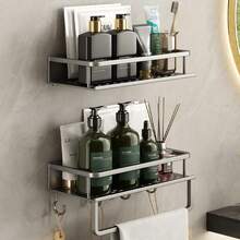 1pc Bathroom Storage Rack, Wall-Mounted No-Drill Towel Rack Organizer, Suitable For Bathroom/Balcony/Kitchen, Multi-Functional Home Storage Rack, Home Bathroom Decor, Bathroom Storage Organizer, Autumn Decor, Back To School Decor - White - View 14