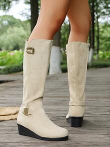 1 Pair Women's Beige Knee-High Boots, Round Toe Buckle Decor Fashion Design Wedge Heel Long Boots - Beige - View 7