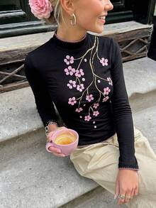 New Chinese Floral Embroidery Long Sleeve Tee, Black Stand Collar Pink Stitch Split Hem Slim Fall Daily Top - Black - View 6