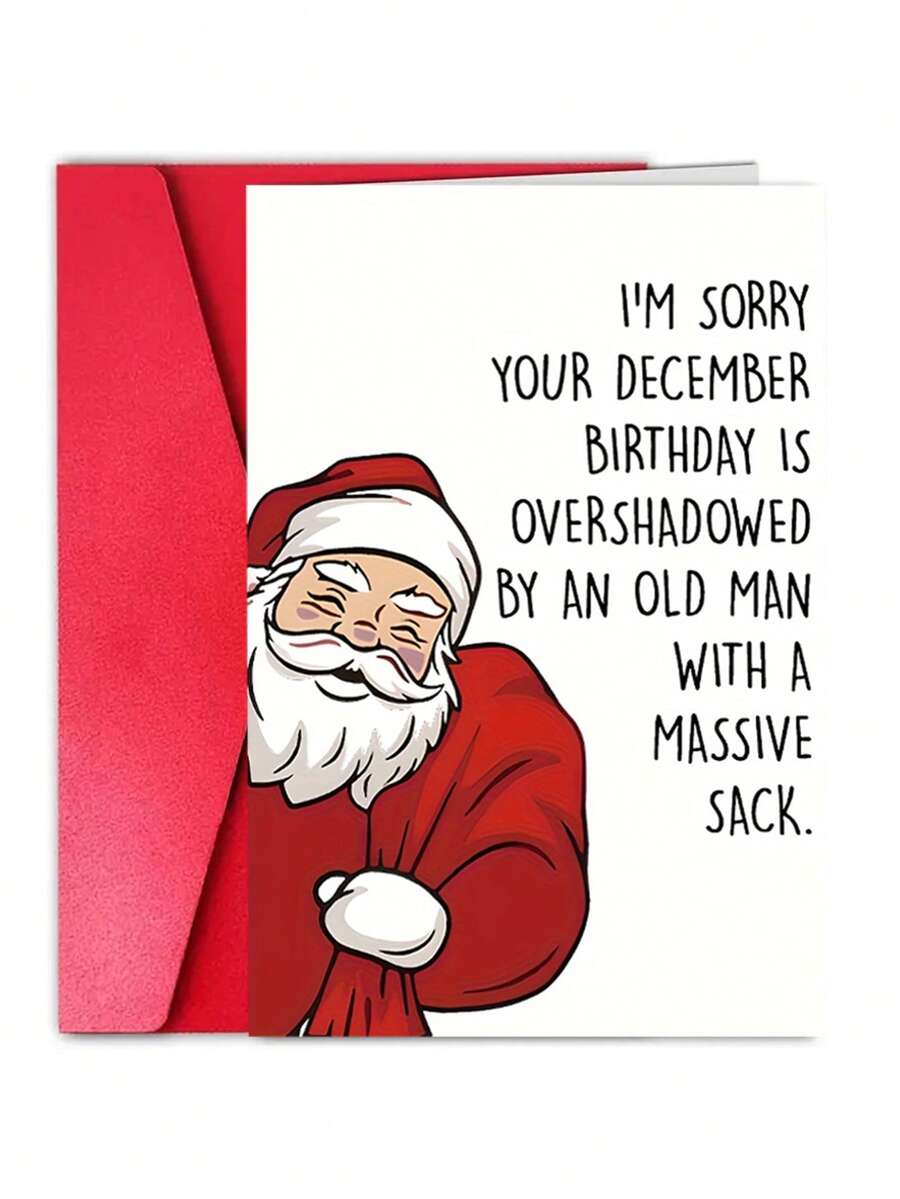 1Pc December Birthday Card: Cartoon Santa Claus Humorous Christmas Birthday Card, Suitable For Gifting To Friends, Colleagues, And Loved Ones, As A Fun Holiday Card - Suitable For Special Occasions - View 1