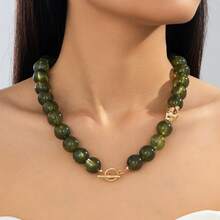Deep Olive Green Textured Beaded OT Clasp Necklace - Green - View 2