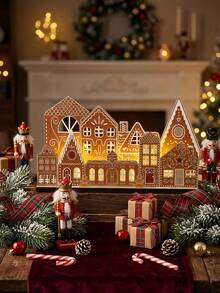 Christmas Gingerbread House Lighted Wooden Village Decor Set, Gingerbread House Wooden Tabletop Centerpiece Decoration, Suitable For Christmas, Farmhouse Style, Fireplace, Bookshelf, Dining Table, Windowsill - Multicolor - View 8