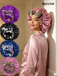 4pcs Women's Floral Print Bow Decor Satin Hair Caps, Soft Elastic Band, Silky Hair Protection Night Caps, Suitable For Daily Home Use - Multicolor 4pcs - View 29