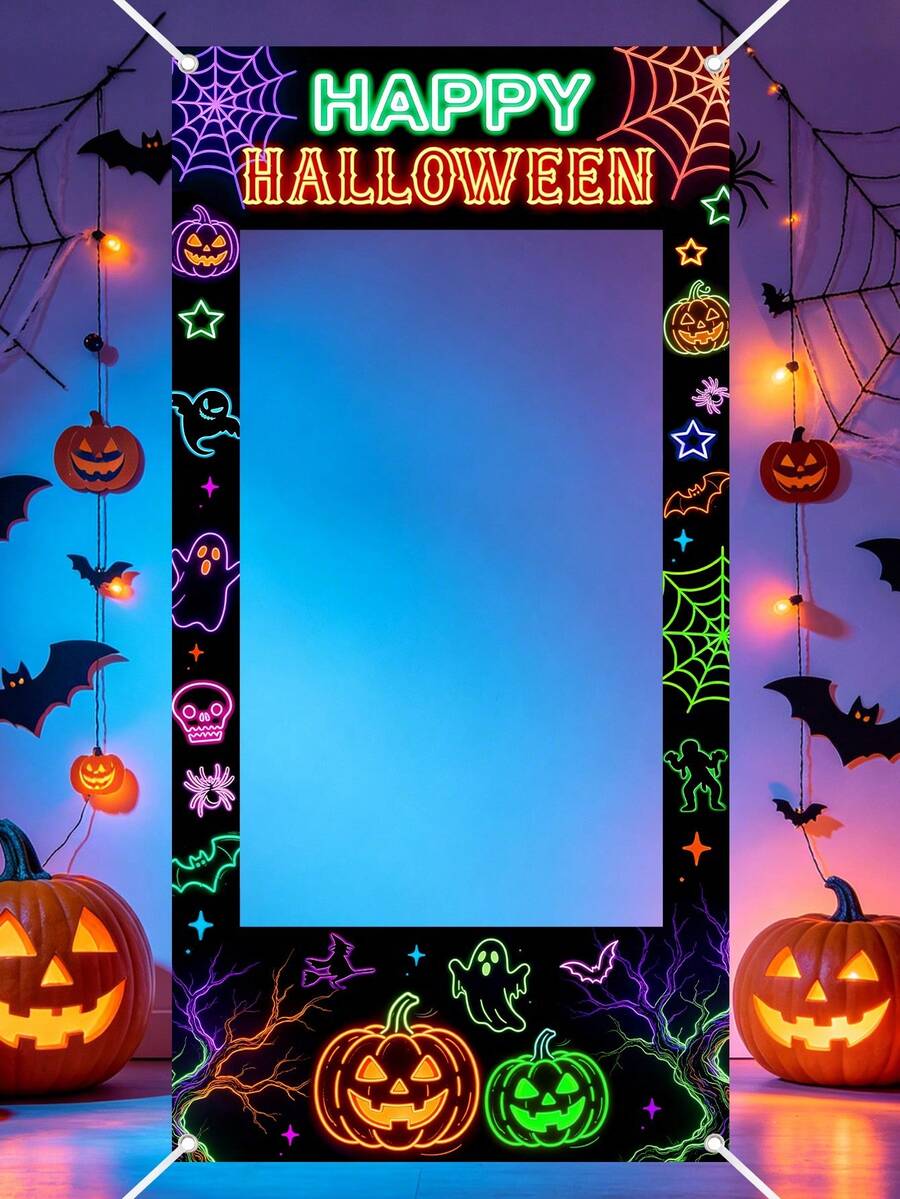 1pc Happy Halloween Fluorescent Pumpkin Polyester Photo Frame Backdrop Wall, Boys & Girls Halloween Party Supplies, 2D Flat Photo Booth Frame Decoration