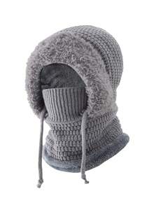 Winter Balaclava Hat For Women Men, Fleece Lined Knit 3‑In‑1 Warm Hooded Hat With Face Mask Neck Warmer, Windproof Drawstring Winter Hat For Outdoor Skiing Cycling - A - View 9