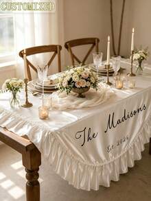 Customized Newlywed Satin Table Runner, Personalized Family Name & Date Scalloped Edge Tablecloth, Custom Wedding Sweet Table Decor, Reception Bride Shower Table Decoration Gift - Multicolor - View 7
