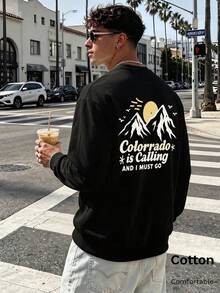 Autumn Men's Black Colorblocked Graphic Crew Neck Sweatshirt With Back Print Of Mountain Sun And 'Colorrado Is Calling AND I MUST GO' Y2K - Black - View 1