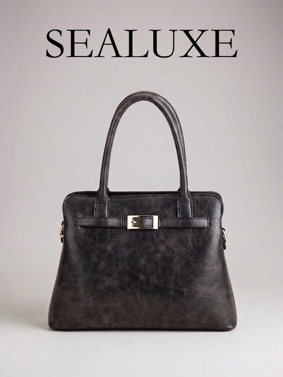 Retro-Style Distressed Black PU Square Handbag With A Straight Strap And Metal Buckle Featuring A Minimalist Design. Ladies' Tote Bag A Crossbody Bag - Black - View 1