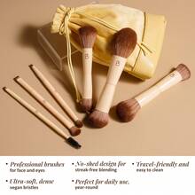 BS-MALL 6Pcs Double-Ended Makeup Brushes Travel Kit Soft Synthetic Hair Face Eye Professional With Bag - Ginger - View 4
