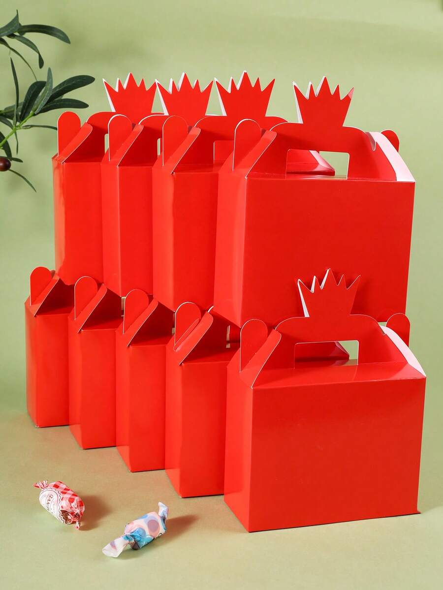 4/8/10/16/24pcs Red Paper Gift Boxes, Solid Color Rectangular Candy Boxes With Crown Handle, Candy Cookie Snack Packaging Boxes, Suitable For Birthday Party Favors, Wedding Celebrations, Gift Wrapping And Party Supplies - Red - View 1
