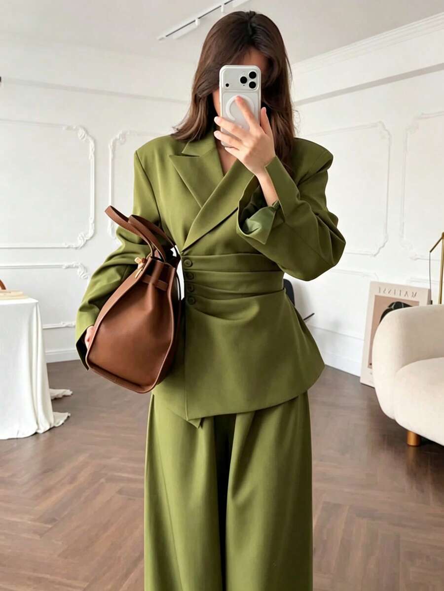 Women's Elegant Olive Green Lapel Button Blazer & Pants 2 Pieces Set, Casual Autumn Outfit