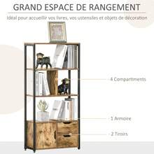 Estante de estilo industrial com 3 prateleiras, porta de armário, 2 gavetas, em aglomerado com acabamento em madeira envelhecida e detalhes em aço preto. - A - Ver 6