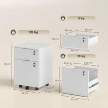 HOMCOM Caisson de bureau, meuble de rangement 2 tiroirs 2 barres de suspension dossier suspendu, verrouillable 2 clés, 4 roulettes 42x40x60 cm blanc - Blanc - Voir 7
