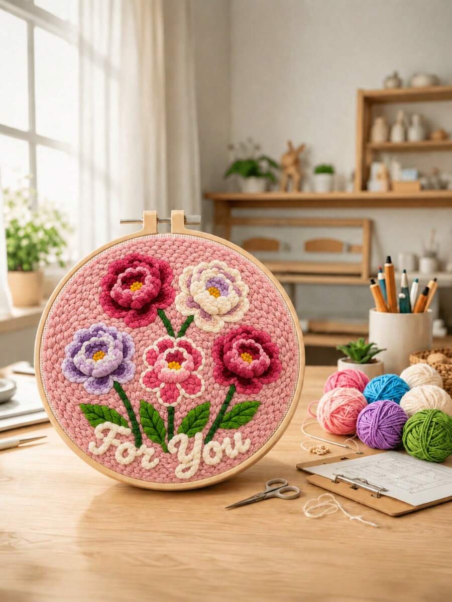 Personalized Floral Yarn Loop Art, DIY Punch Needle Embroidery Kit, Customized Text Handmade Craft, Romantic Floral Wall Decor, Creative Gift For Girlfriend, Wife, Family, Bedroom Decoration, Create Your Own Embroidery Design - Multicolor - View 1