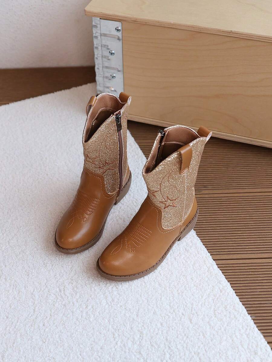 1雙女童刺繡中筒靴,兒童亮片中筒靴附側拉鍊,防滑復古時尚靴 - 棕色 - 查看 1