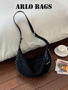 Shoulder Bag With Smooth Curved Silhouette, Rivet Trim, Casual Relaxed Vibe. Wide Adjustable Shoulder Strap For Comfortable Burden-Free Carrying. Large Capacity Interior Easily Stores Personal Items, Suitable For Daily Outings, Casual Shopping And Other Scenarios, Creating A Personalized Fashionable Look. - Black - View 8