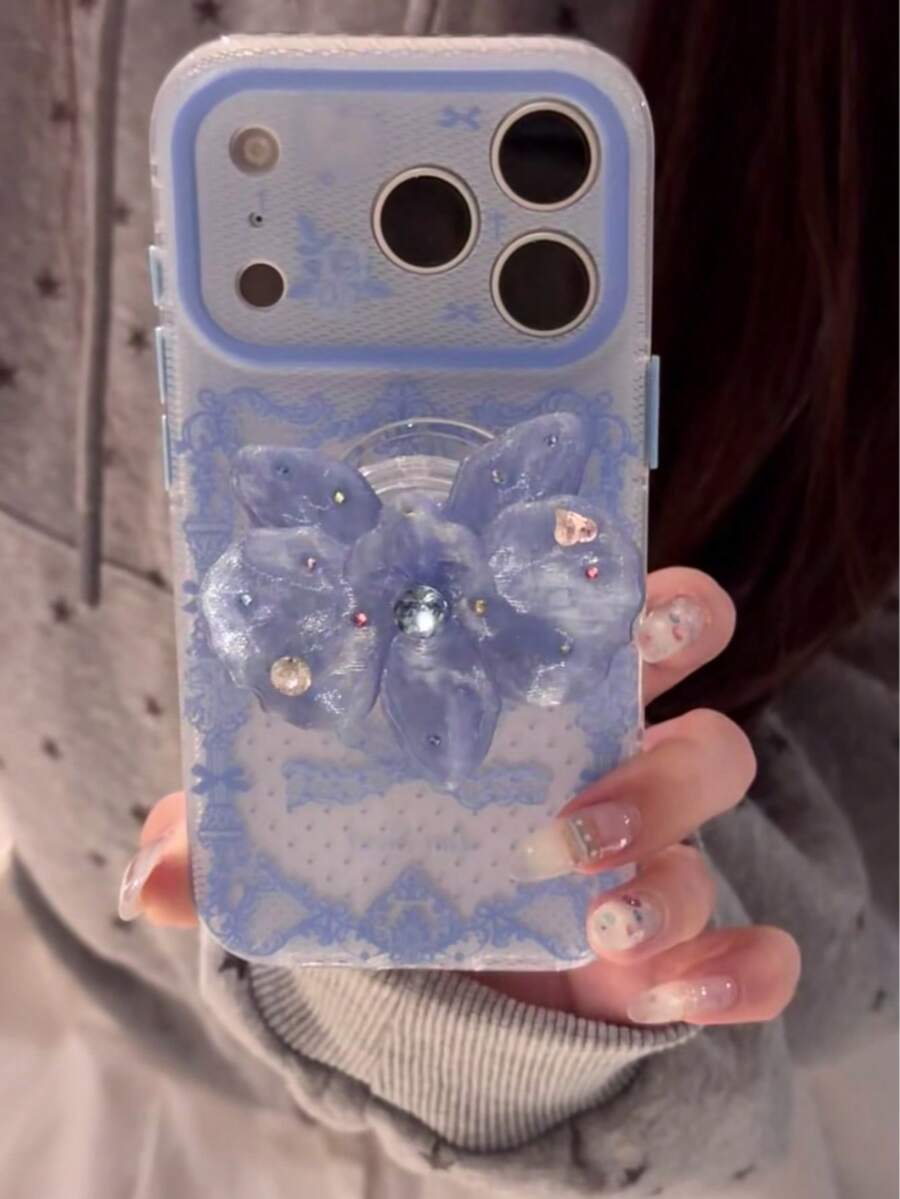 Niche Ins Style Haze Blue Lace Bowknot Kickstand Phone Case Kompatibel Dengan iPhone 17 Pro Max, New 16 Pro, 15 Pro, 17 Pelindung Anti-Jatuh Cakupan Penuh - Biru - View 1