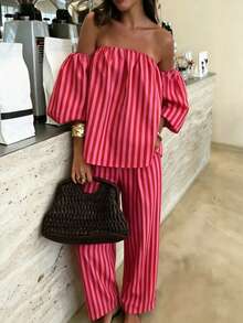 Women's Striped Contrast Sexy Casual One Shoulder Half Sleeve Top & Wide Leg Pants Set, Summer Beach Vacation 2 Pieces Outfit For Holiday Elegant - Multicolor - View 1