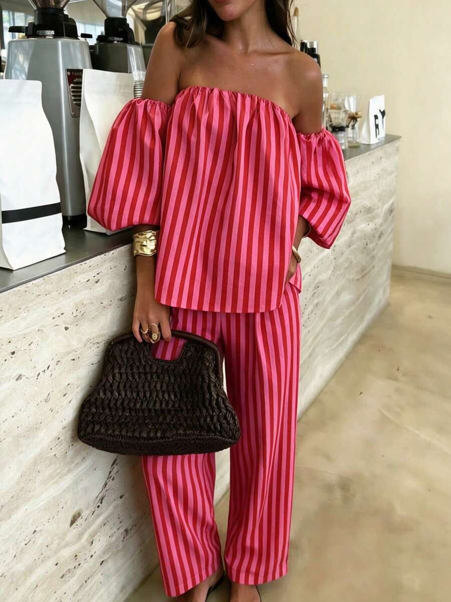 Women's Striped Contrast Sexy Casual One Shoulder Half Sleeve Top & Wide Leg Pants Set, Summer Beach Vacation 2 Pieces Outfit For Holiday Elegant - Multicolor - View 1