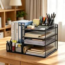 1pc Multi-Layer Metal Mesh Desktop File Organizer With Pen Holder, Large Capacity Office Document Storage Rack, Home Student Desk Organizer, Creative Metal Pen Holder, Multi-Function Office Student Desktop Combination Storage Box - A - View 2