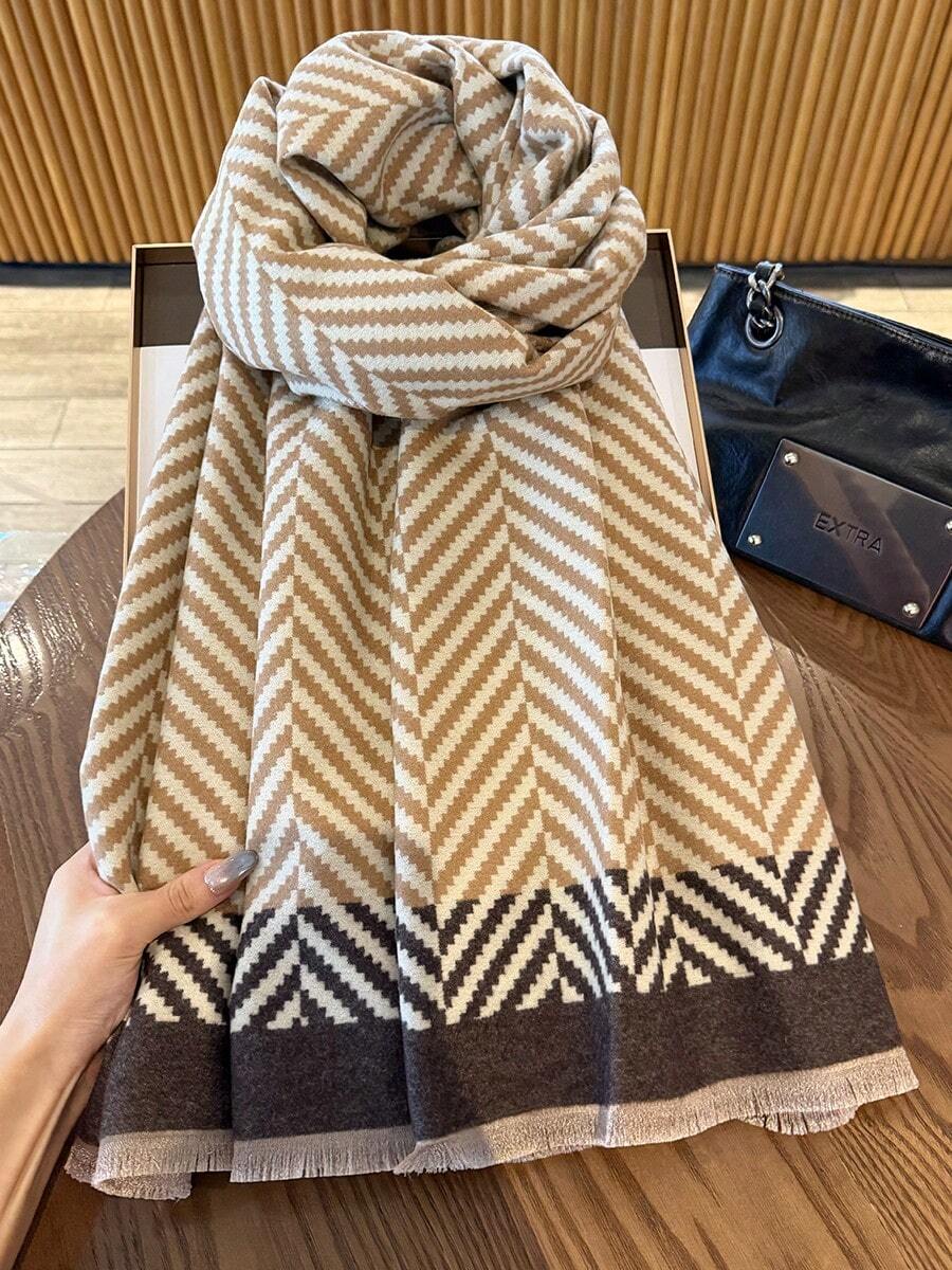1pc Geometric Pattern Scarf For Women, Winter Warm Versatile Shawl, Dual-Use Cape For Air-Conditioned Room And Office, Long Thick Neck Warmer - Camel - View 1