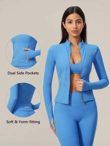 TimeOff Women's 1pc Solid Color Stand Collar Zipper Jacket With Side Pockets And Thumb Holes, Autumn/Winter - Blue - View 11