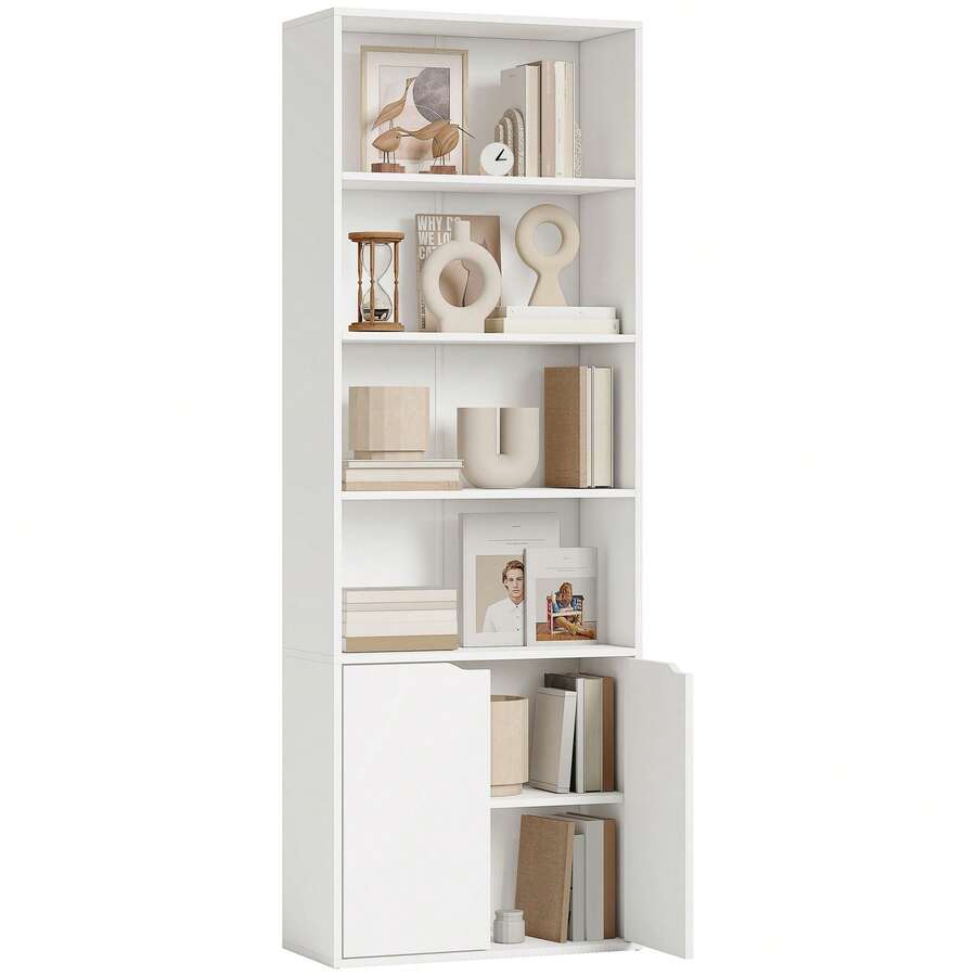 Boekenkast met 4 open vakken en 2 deuren voor woonkamer en kantoor, 59x29x180 cm, wit - A - Bekijken 1