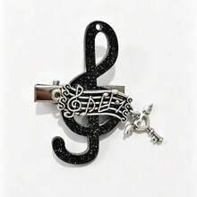 Black Flash Musical Note Treble Clef Hair Clip, Vintage Silver Staff Heart Key Pendant Lolita Music Girl Side Clip Halloween - Multicolor - View 7