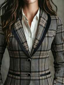 Women's Plaid Long Sleeve Blazer, Button Detail Contrast Trim Design, Regular Fit Polyester Jacket, Suitable For Autumn/Winter Wear Fall - Grey - View 5