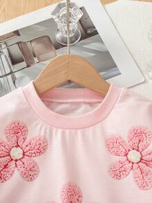 Girls' Casual Fashion 3D Plush Flower & Pearl Decor Long Sleeve Sweatshirt And Slim Fit Pants 2 Pieces Set, Autumn/Winter - Pink - View 4
