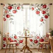 2pcs White Background Watercolor Red Apple Branch Print Curtains, Red Apple, Green Leaf Vine, Red Berry Pattern, 2D Flat Print, Translucent, Rod Pocket, Suitable For Kitchen, Dining Room, Living Room Window Decor, Fruit Theme Curtains - Multicolor - View 10