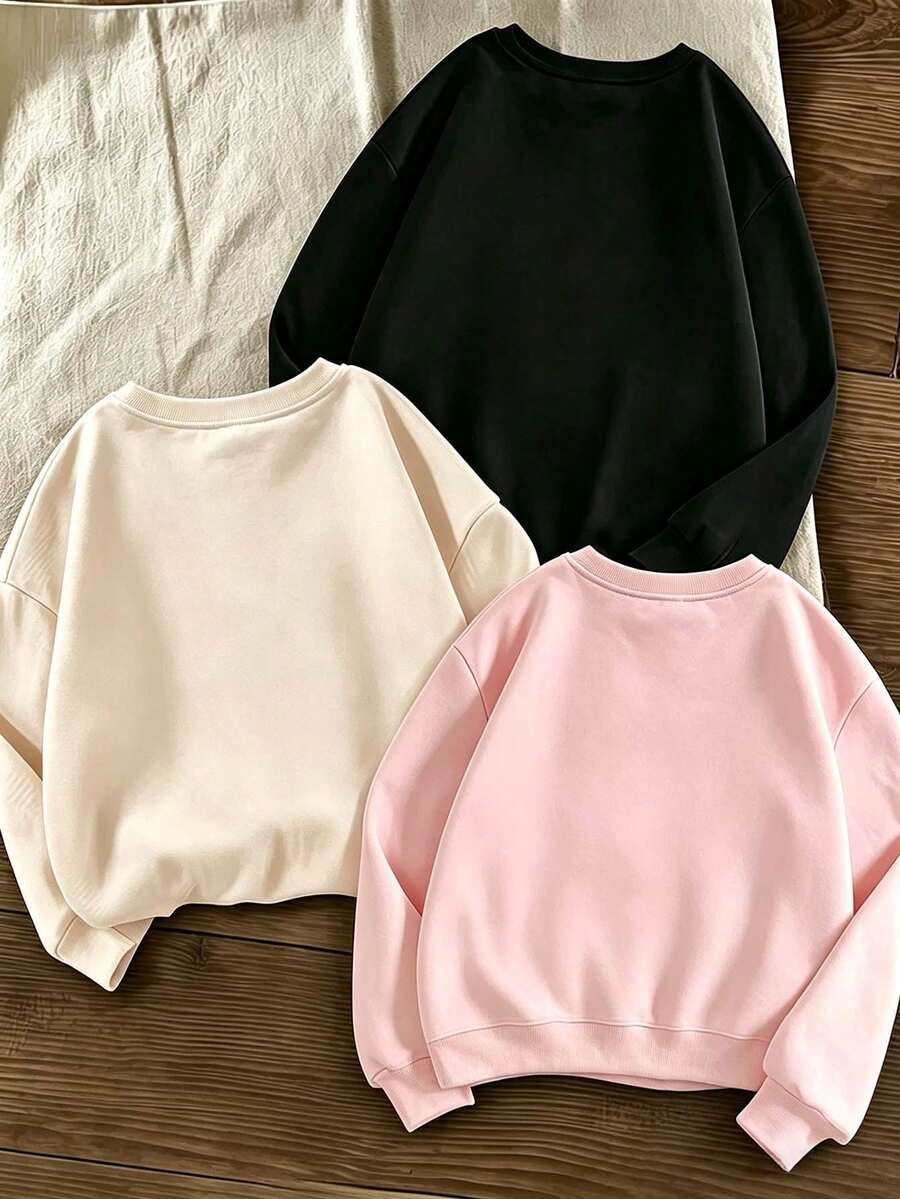 3pcs-Tween Girl 3-Piece Set Casual Fun Print Crew Neck Long Sleeve Sweatshirt Autumn/Winter Top - Black - View 1