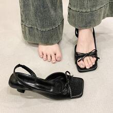 Women's Summer Bow Back Strap High Heel Shoes, Black Elegant Open Toe Square Toe Kitten Heel One Strap Sandals - Black - View 3