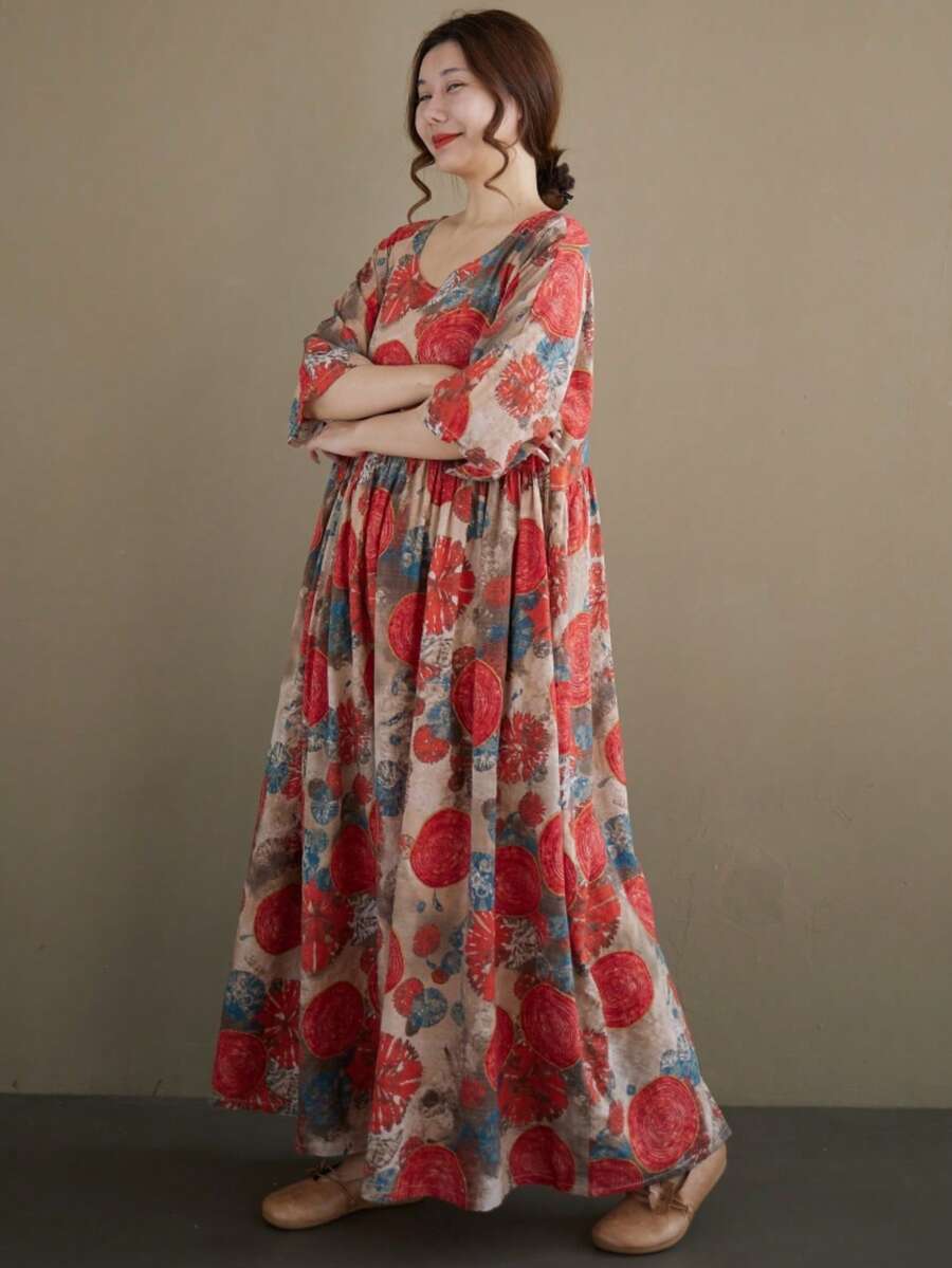 AZAH 2026 女款夏季波西米亞風花卉印花洋裝,休閒梭織面料圓領泡泡袖收腰洋裝 度假優雅 - 紅色 - 查看 1
