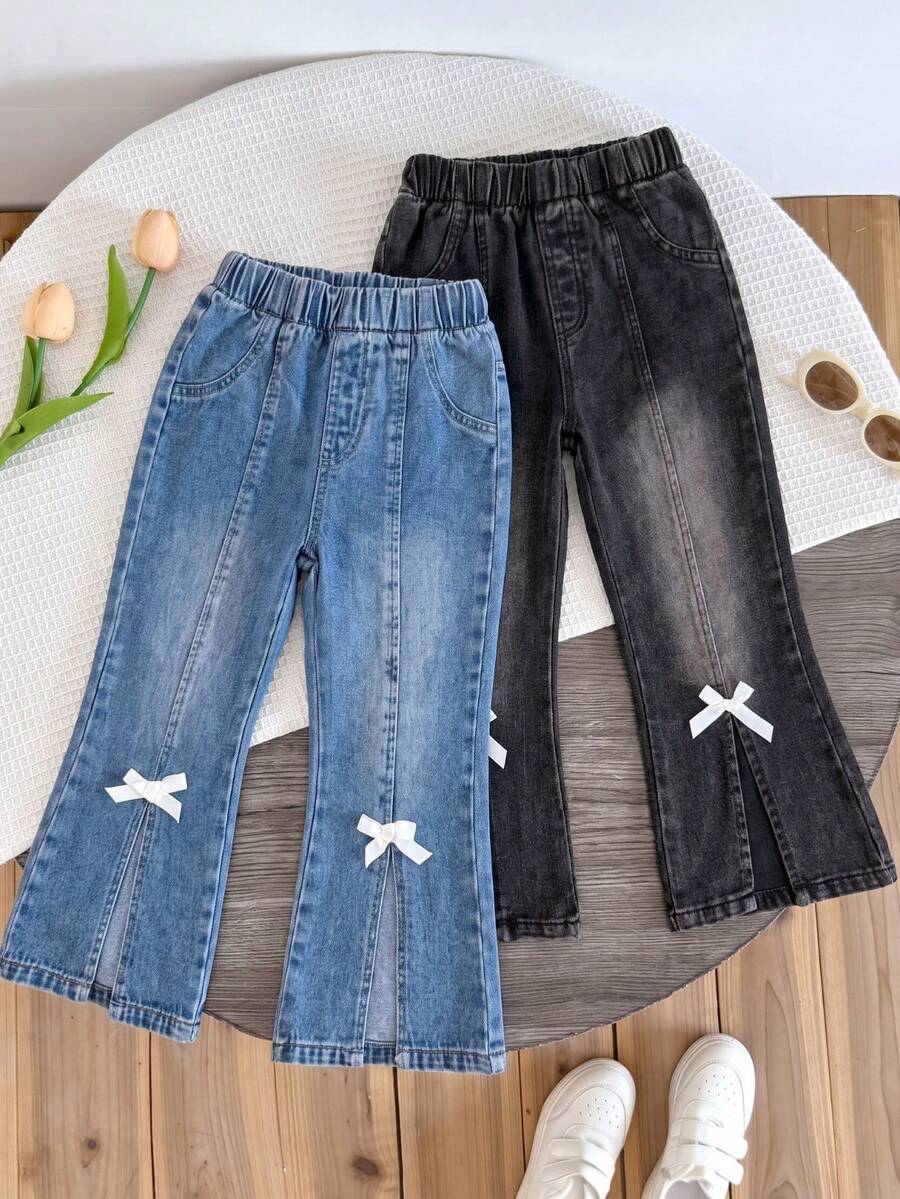 2pcs/Set Celana Jeans Denim Anak Perempuan, Dua Pilihan Warna, Pinggang Elastis, Belahan di Bagian Bawah, Hiasan Pita, Model Kaki Melebar - MultiWarna - View 1