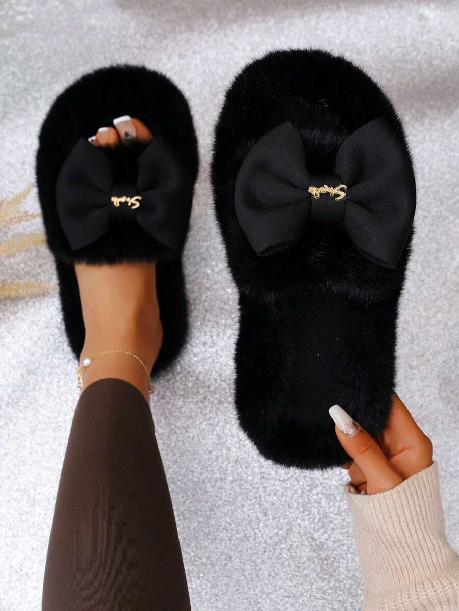 Women's Elegant Metal Letter Bow Plush Slippers, Thick Sole Soft Warm Fuzzy House Slippers - Black - View 1