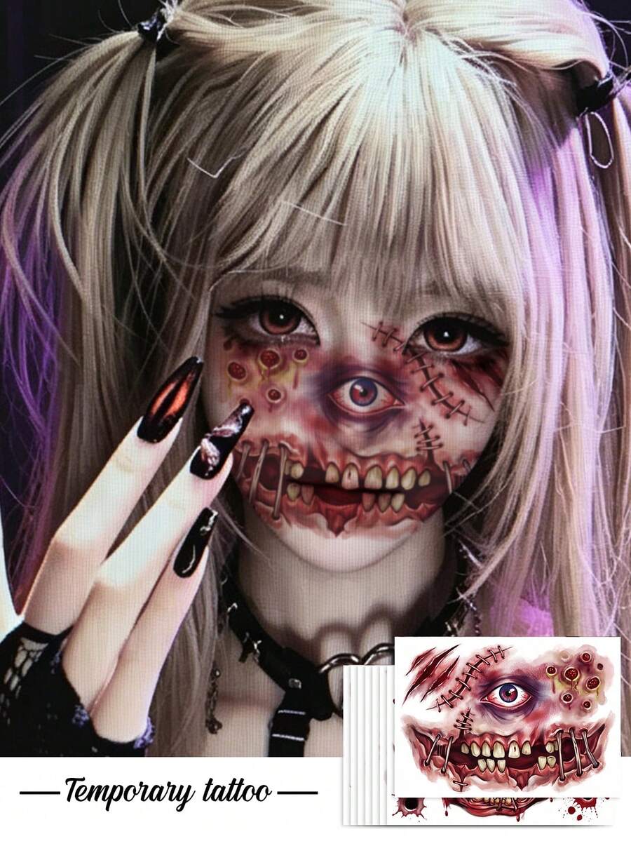 8pcs Temporary Tattoo Sticker, Halloween Horror Monster Big Mouth Ghost Face Makeup Pattern, Realistic Tattoo Design, Suitable For Daily, Bachelorette Party Favors, Music Festival, Game, Graduation Gift, Lasts 3‑5 Days - Multicolor - View 1
