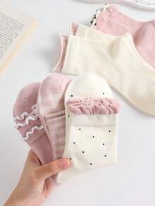 5 Pairs Sweet Pink Polka Dot And Lace Design Women's Mid-Calf Socks, Soft And Comfortable - Pink - View 4