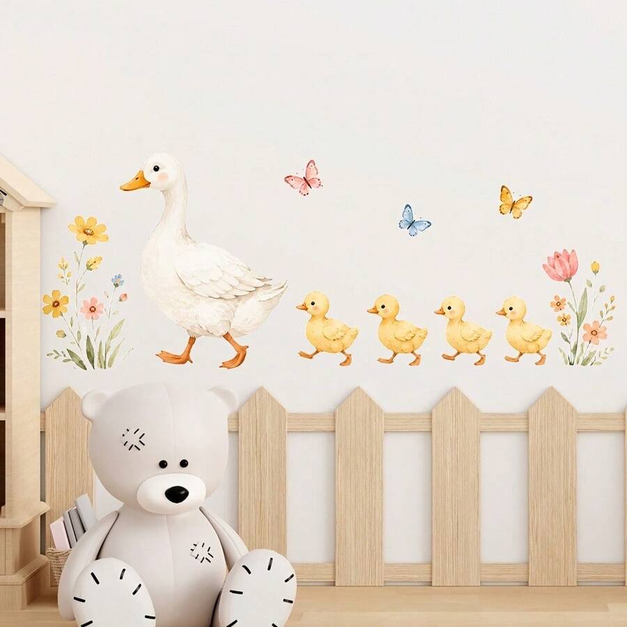 1pc Cute Duck Mother And Child Wall Sticker, Children's Bedroom Wall Decor Sticker, Kindergarten Warm Decoration Wall Decal - Multicolor - View 1