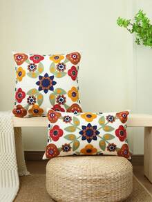 1pc Flower Embroidered Cushion Cover Without Filler, Modern Woven Fabric Decorative Throw Pillow Case For Bedroom, All Season - Multicolor - View 7