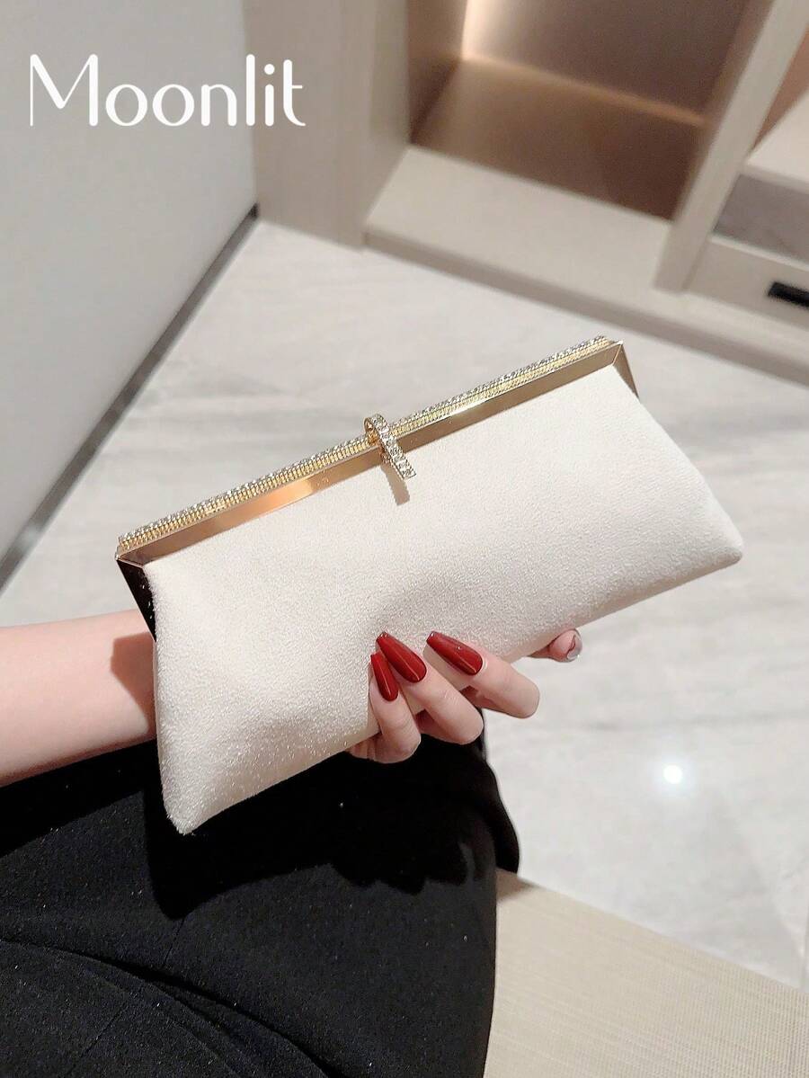 1 件奢华天鹅绒黑色晚装手拿包,饰有闪亮水钻钩扣,适合节日派对、婚礼、正式服装 - 白色 - 查看 1