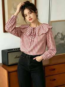 Plus Size Women's Plaid Colorblock Knot Flower Ruffle Trim Autumn/Winter Top - Red and White - View 4