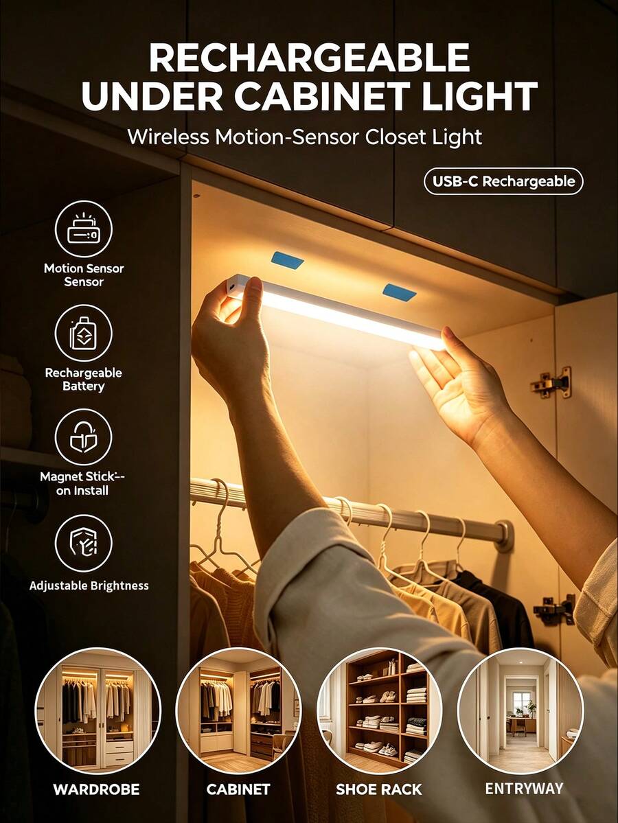 Guanova 1件裝感應燈 櫥櫃燈 USB充電式 磁吸安裝免布線（暖光/白光可選）小夜燈 壁燈 適用於衣櫃、櫥櫃、客廳、廚房、臥室、衣帽間、樓梯、臥室照明、走廊照明、廚房照明，適合房間裝飾、居家裝飾、臥室裝飾、廚房裝飾，免接電LED照明，電池容量：150mAh、200mAh、350mAh